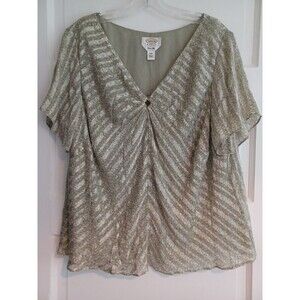 Talbots vintage green print silk blouse 14W plus short sl. Vneck classic office